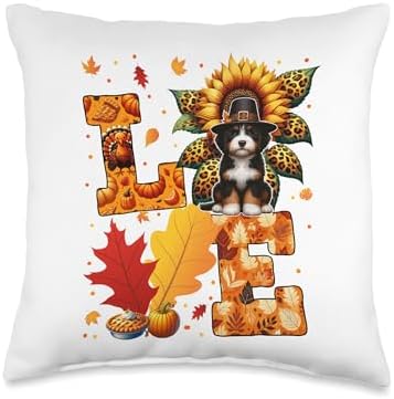 LOVE Thanksgiving Bernedoodle Costume Fall Leaves Sunflower Throw Pillow by Unknown