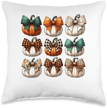 Coquette Bow Pumpkin Season Thanksgiving Autumn Fall Leaves Throw Pillow by Unknown