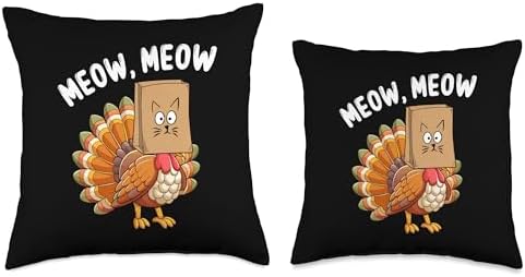 Thanksgiving Turkey Cat Meow Fake Cat Funny Thanksgiving Throw Pillow - Image 3