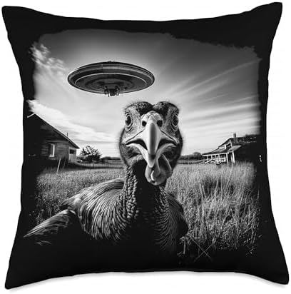 Turkey Selfie UFO Funny Black & White Thanksgiving Vintage Throw Pillow by Unknown