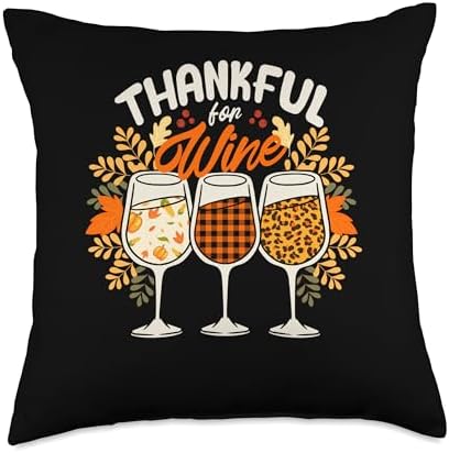 Autumn Foliage Fall Leaves Shirt Pumpkin Decor Thankful for Wine Funny Thanksgiving Dinner Autumn Fall Throw Pillow, 18x18, Multicolor by Unknown