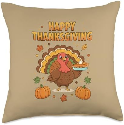Happy Thanksgiving Turkey Holding Pie, Cute Turkey Day Throw Pillow by Unknown