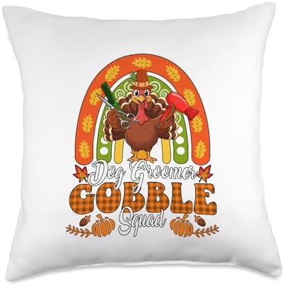 Dog Groomer Gobble Squad Thanksgiving Turkey Fall Rainbow Throw Pillow by Unknown