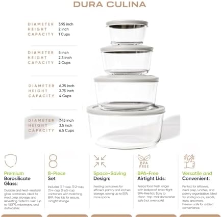 8-Piece Glass Food Storage Containers Set (4 Containers + 4 Lids) | Round, Nesting, Microwave & Dishwasher Safe | BPA-Free, Space-Saving | Grey Lids for Pantry & Kitchen Organization, Grey