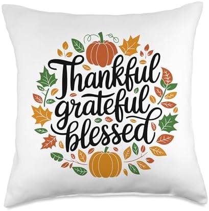 Thankful Grateful Blessed, Friendsgiving Thanksgiving Throw Pillow by HadleyDesigns