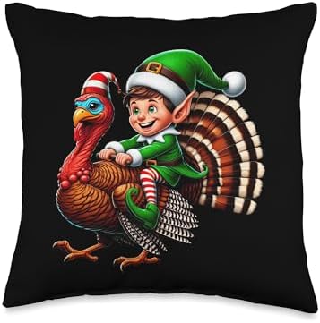 Funny Christmas Elf Riding Thanksgiving Turkey Xmas Party Throw Pillow by Unknown