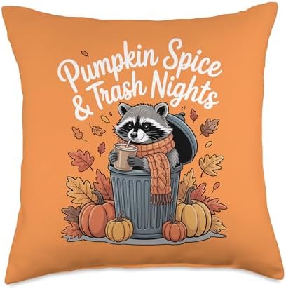 Pumpkin Spice and Trash Nights Thanksgiving Raccoon Fall Throw Pillow by Unknown
