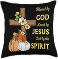 Blessed By God Loved By Jesus Thanksgiving Cross And Pumpkin Throw Pillow by Unknown