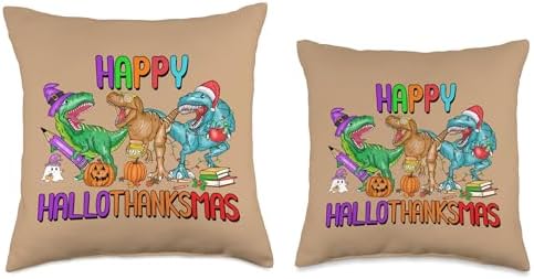 Happy Hallothanksmas Halloween Thanksgiving Happy Hallothanksmas Dinosaur Halloween Thanksgiving Throw Pillow, 18x18, Multicolor - Image 3
