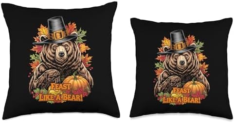 Thanksgiving Brown Bear Grizzly Pilgrim Feast Like A Bear Throw Pillow - Image 3