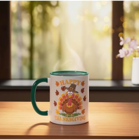 Happy Thanksgiving Funny Turkey Family Dinner Thanksgiving Ceramic Mug, Dark Green/White, 11oz - Image 3