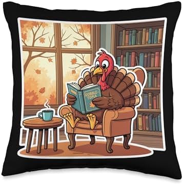 Turkey Reading Books Autumn Fall Thanksgiving Book Lover Throw Pillow by Unknown
