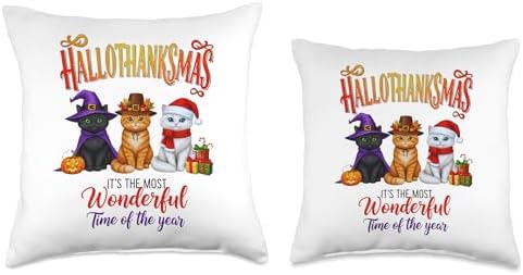 Halloween Thanksgiving Christmas Happy HalloThanksMas Cats Throw Pillow - Image 3