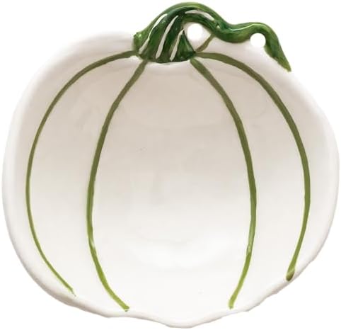 Boston International Pumpkin-Shaped Ceramic Bowl Thanksgiving Dinnerware Serving Dish, Largel, White & Green - Image 2