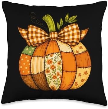Fall Patchwork Pumpkin Autumn Halloween Thanksgiving Throw Pillow by Unknown