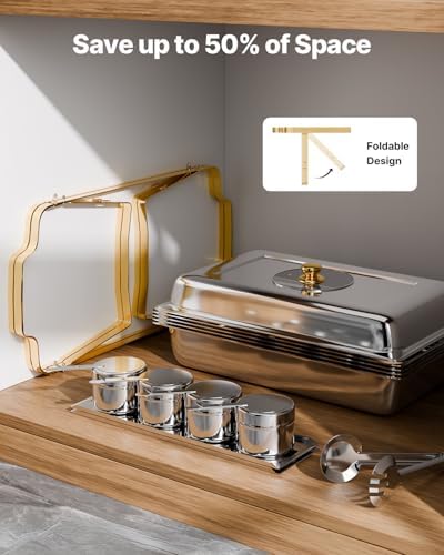 VEVOR Chafing Dish Buffet Set,8 Qt 2 Pack, Stainless Steel Chafer with 4 Half Size Pans, Rectangle Catering Warmer Server with Glass Lid Water Pan Folding Stand Fuel Holder, for Wedding Party Banquet - Image 6