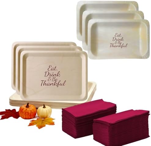 Perfect Stix Thanksgiving Plates and Napkins Set – 25 Large 10-Inch & 25 Small 7-Inch Eco-Friendly Wooden Plates with 50 Burgundy 2-Ply Dinner Napkins –Thanksgiving & Friendsgiving Gatherings by PerfectStixLLC