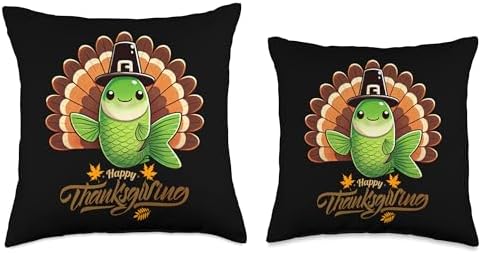 Funny Green Neon Tetra Fish with Turkey Feather Thanksgiving Throw Pillow - Image 3