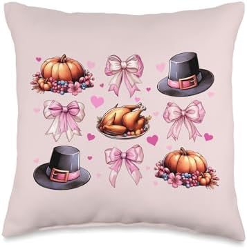 Coquette Bow Thanksgiving Day Turkey Hat Pink Throw Pillow by Unknown