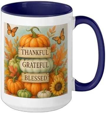 Thankful Grateful Blessed - Fall Pumpkin Family Thanksgiving Ceramic Mug, Dark Blue/White, 15oz - Image 2