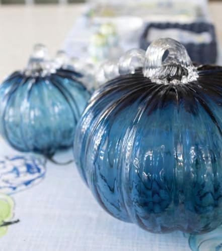 Boston International Handblown Art Glass Pumpkin Thanksgiving Halloween Decorations for Home, Large, Savory Blue - Image 4