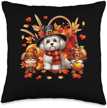Thanksgiving Maltipoo With Gnomes Fall Leaves Pumpkins Throw Pillow by Unknown