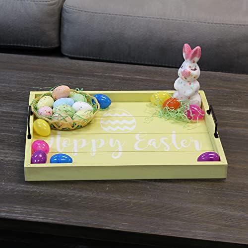 Elegant Designs HG2000-YHE Decorative Wood Serving Tray w/Handles, 15.50" x 12", Yellow Wash Hoppy Easter - Image 4