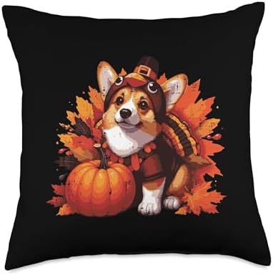 Thanksgiving Dog Corgi Turkey Funny Fall Pet Men Women Kids Throw Pillow by Unknown