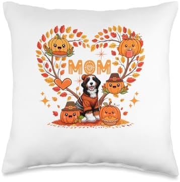 Mom Thanksgiving Bernedoodle Pupmkins Fall Tree Cute Heart Throw Pillow by Unknown