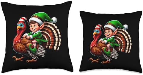 Funny Christmas Elf Riding Thanksgiving Turkey Xmas Party Throw Pillow - Image 3