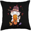 Cute Thanksgiving Pilgrim Kawaii Cat Drinking Pumpkin Spice Throw Pillow by Unknown