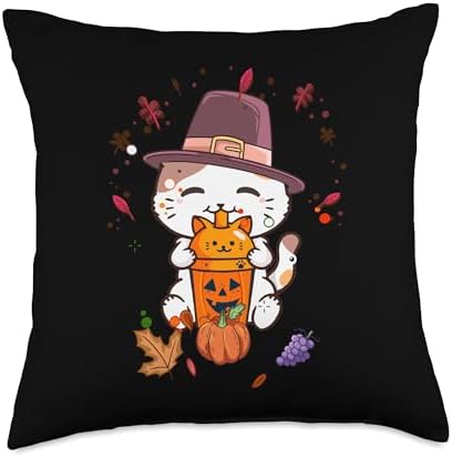 Cute Thanksgiving Pilgrim Kawaii Cat Drinking Pumpkin Spice Throw Pillow by Unknown