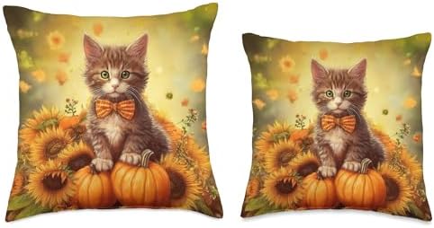Autumn Tabby Cat Thanksgiving Pumpkins Sunflowers Throw Pillow - Image 3