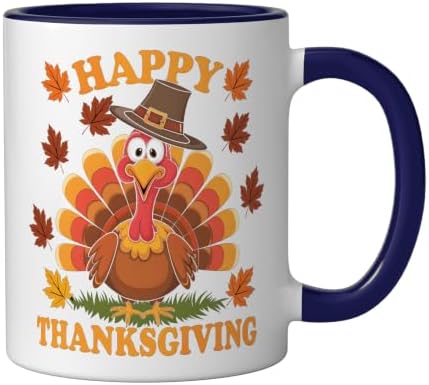 Happy Thanksgiving Funny Turkey Family Dinner Thanksgiving Ceramic Mug, Dark Blue/White, 11oz - Image 2