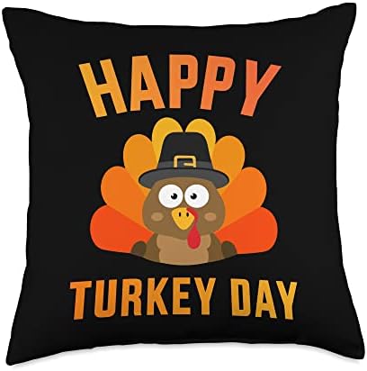 Happy turkey day with cute bird for thanksgiving dinner Throw Pillow by Unknown