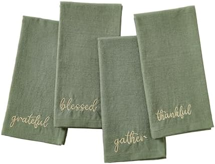 Threadmade Harvest Sentiment Embroidered Napkins, Set of 4, Green - 17" W x 17" L by ElreneHomeFashions
