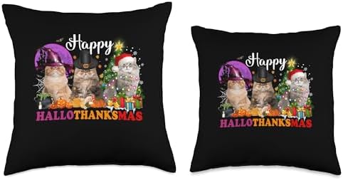 Happy Hallothanksmas Thanksgiving Christmas Cat Halloween Christmas Happy Hallothanksmas Thanksgiving Throw Pillow, 16x16, Multicolor - Image 3