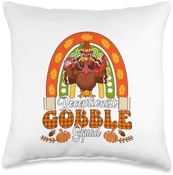 Receptionist Gobble Squad Thanksgiving Turkey Fall Rainbow Throw Pillow by Unknown