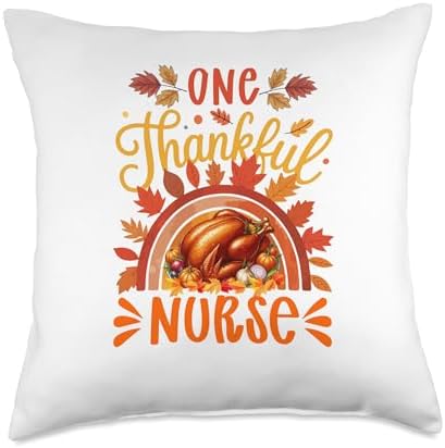 One Thankful Nurse Thanksgiving Fall Leaves Rainbow Throw Pillow by Unknown