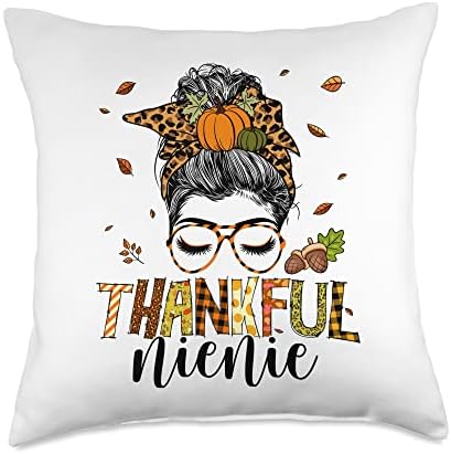 One Thankful Nienie Messy Bun Leopard Thanksgiving Family Throw Pillow by Unknown