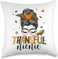 One Thankful Nienie Messy Bun Leopard Thanksgiving Family Throw Pillow by Unknown