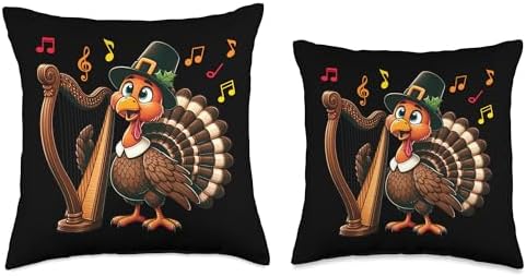 Funny Thanksgiving Turkey Playing Harp Music Lover Throw Pillow - Image 3