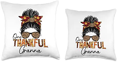 One Thankful Granna Leopard Messy Bun Pumpkin Thanksgiving Throw Pillow - Image 3