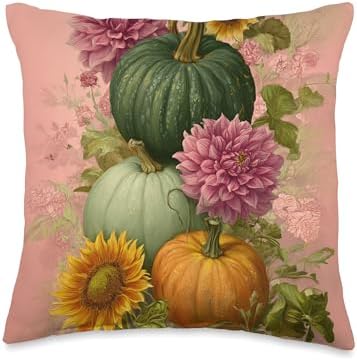 Vintage Autumn Flower Fall Pumpkin Thanksgiving Happy Fall Throw Pillow by Unknown
