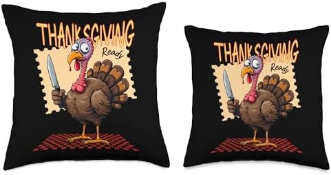 Funny Thanksgiving Turkey Cartoon with Knife Humor Throw Pillow - Image 3