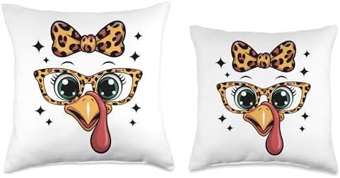 Thanksgiving Turkey Face Leopard Bow Glasses Women Girls Throw Pillow - Image 3