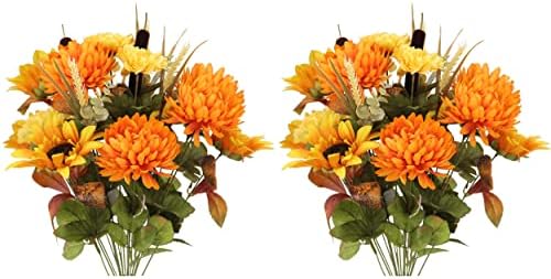 Admired By Nature Artificial Bouquet Bush 18 Stems of Mums, Sunflowers, Zinnia, Foliage (Gold/Orange) - for Fall Home Decor, Weddings, Events, Parties, Thanksgiving, Cemeteries, Funerals by AdmiredbyNature