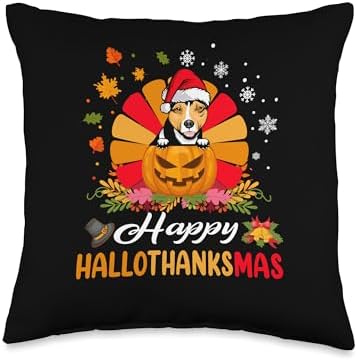 Rat Terrier Hallothanksmas Halloween Thanksgiving Christmas Throw Pillow by Unknown