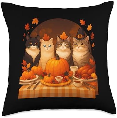 Fall Thanksgiving Cats Dinner Feast Vintage Fall Home Decor Throw Pillow by Unknown