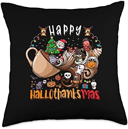 Hallothanksmas Coffee Happy Halloween Thanksgiving Christmas Throw Pillow by Unknown